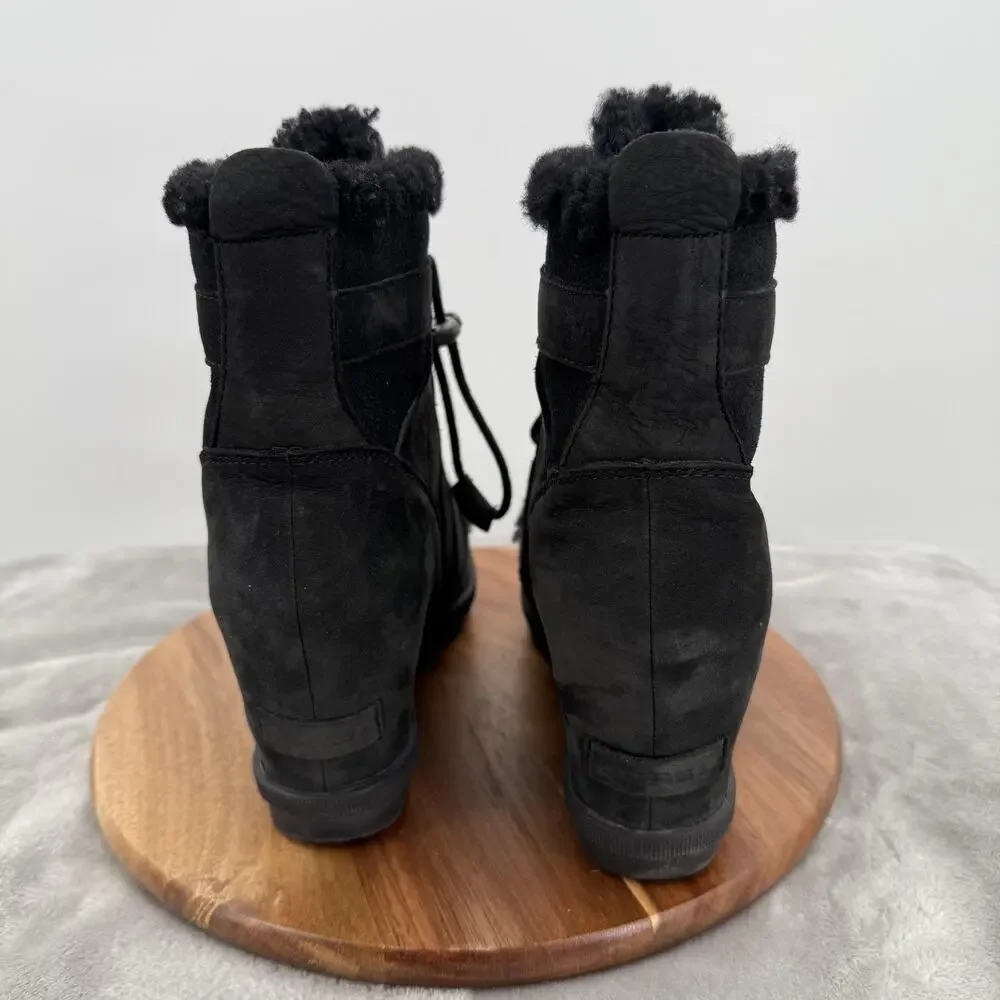 Sorel Wedge Boots Womens 9‎ Black Gray Suede Shearling Lace Up Winter Lug Sole